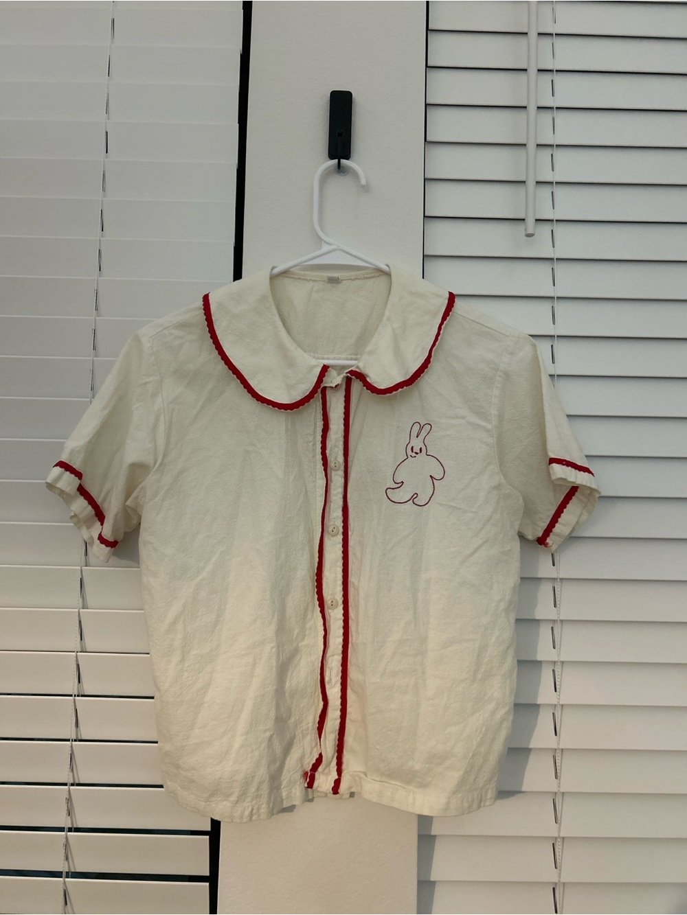 Cream Button-Up Top with Red Trim and Bunny Embroidery